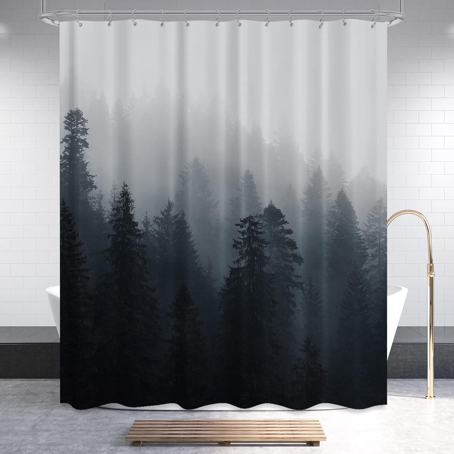 Riyidecor Fabric Forest Dark Mens Shower Curtain Set for Bathroom 72Wx72H Inch Nature Gothic Tree Spooky Mountain Foggy Woodland Bath Curtain Outdoor Bathtub Accessories Art Decor 12 PCS Plastic Hook