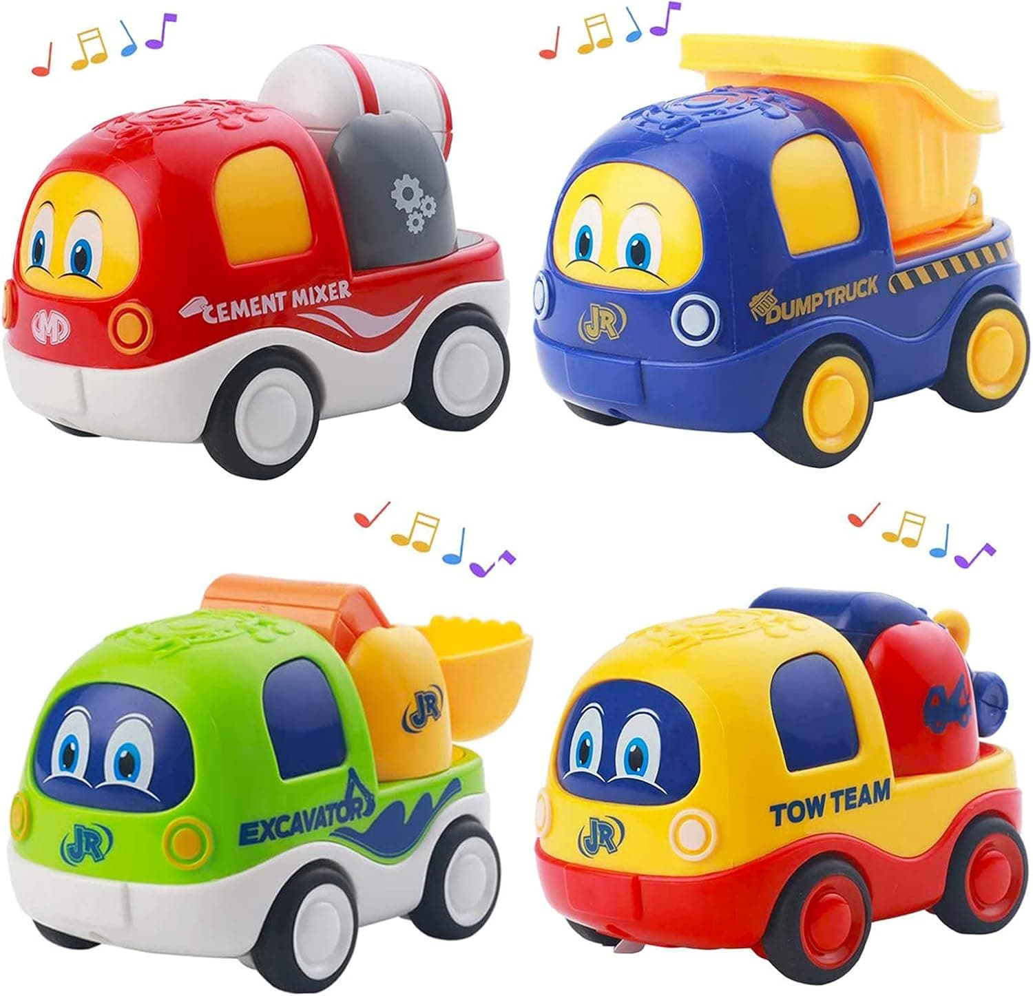 Funsland Music Car Toys for Toddler 1 2 3 Years - 4 Piece Music Pull Back Cars Toy for Toddlers Go Friction Powered Toy Dump Truck, Cement Mixer, Tractor, Dump Truck Cartoon Car Toys