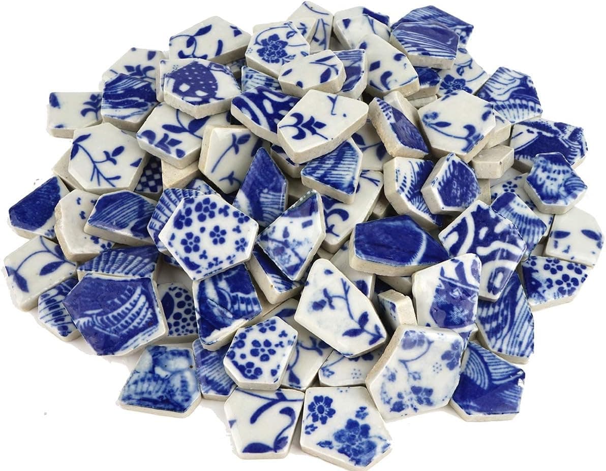 Lanyani Broken Ceramic China Tiles Assortment Blue and White Porcelain Pieces for Mosaic Craft, Cover 11x11 inches