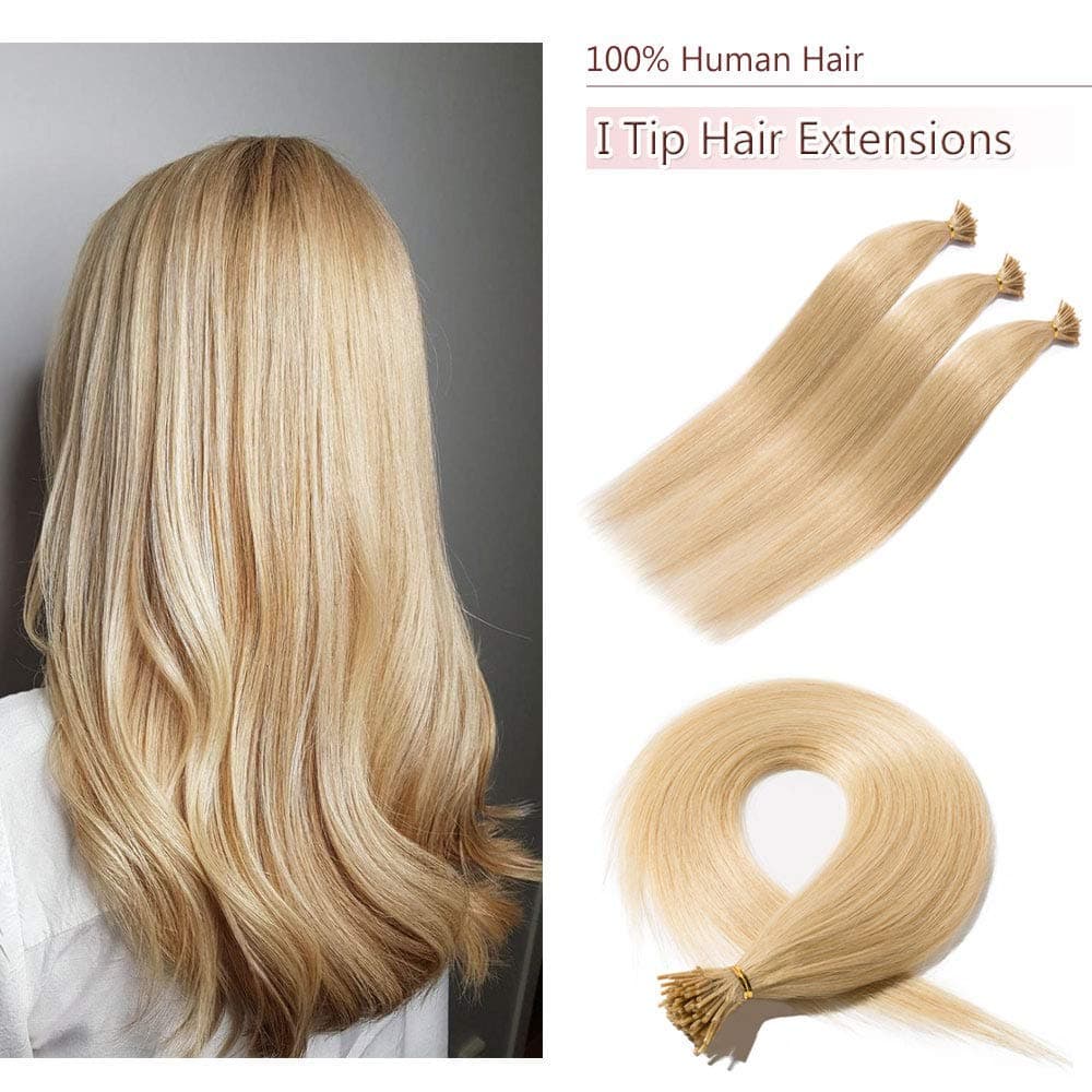 100 Strands/Pack I Tip Remy Human Hair Extensions Pre Bonded Keratin Stick In Hair Extensions Cold Fusion Hair Piece For Women Long Straight #24 Natural Blonde 22'' 50g