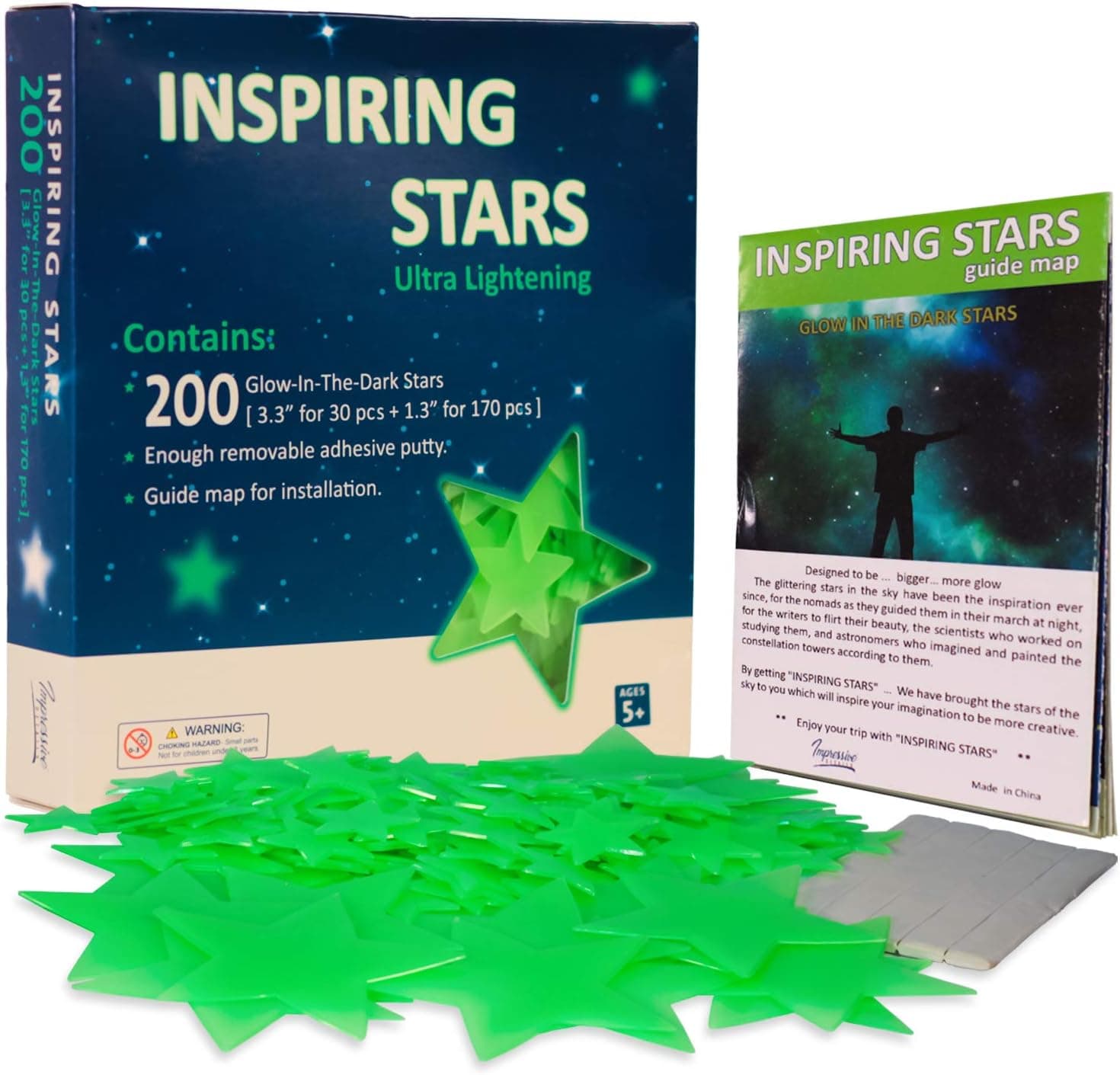 Inspiring Stars, Glow in The Dark Stars for Ceiling, 200 pcs Large Stars for Ceiling and Wall Stickers, Glowing Stars for Kids Room Décor in 2 Sizes, Extra Guide Map