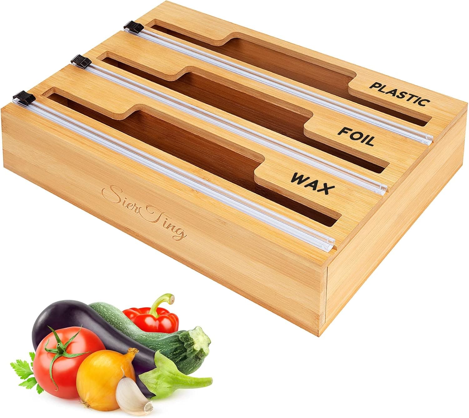 Plastic Wrap Dispenser with Cutter 3 in 1 | Wrap, Tin Foil and Parchment Paper Dispenser for Kitchen Drawer and Cabinet | Bamboo Wood Cling Food Wrap Organization and Storage-Compatible with 12" Roll