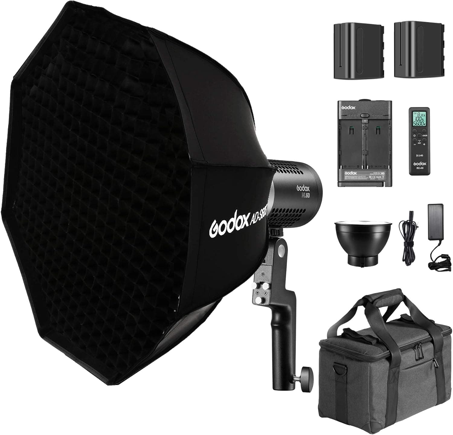 Godox ML60 60W Power in Your Hands LED Video Light,with AD-S60S Softbox,Built-in FX Effects,Silent Mode,Portable Brightness Adjustment Support Li-ion Outdoor LED Light