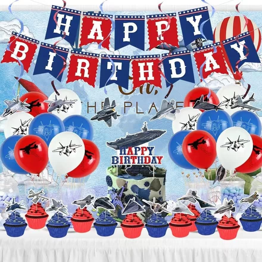 Fighter Jet Party Supplies Aircraft Birthday Party Decorations Air Force Birthday Party Decorations Include Airplane Birthday Banner Balloons Cake Toppers Cupcake Toppers Aircraft Hanging Swirl Fighter Jet Party Decorations For Boy