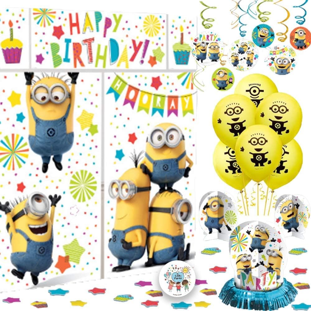 Deluxe Despicable Me Minions Birthday Party Decorations Pack With Minions Scene Setter, Hanging Swirl Decorations, Balloons, Table Decorating Kit, and Pin