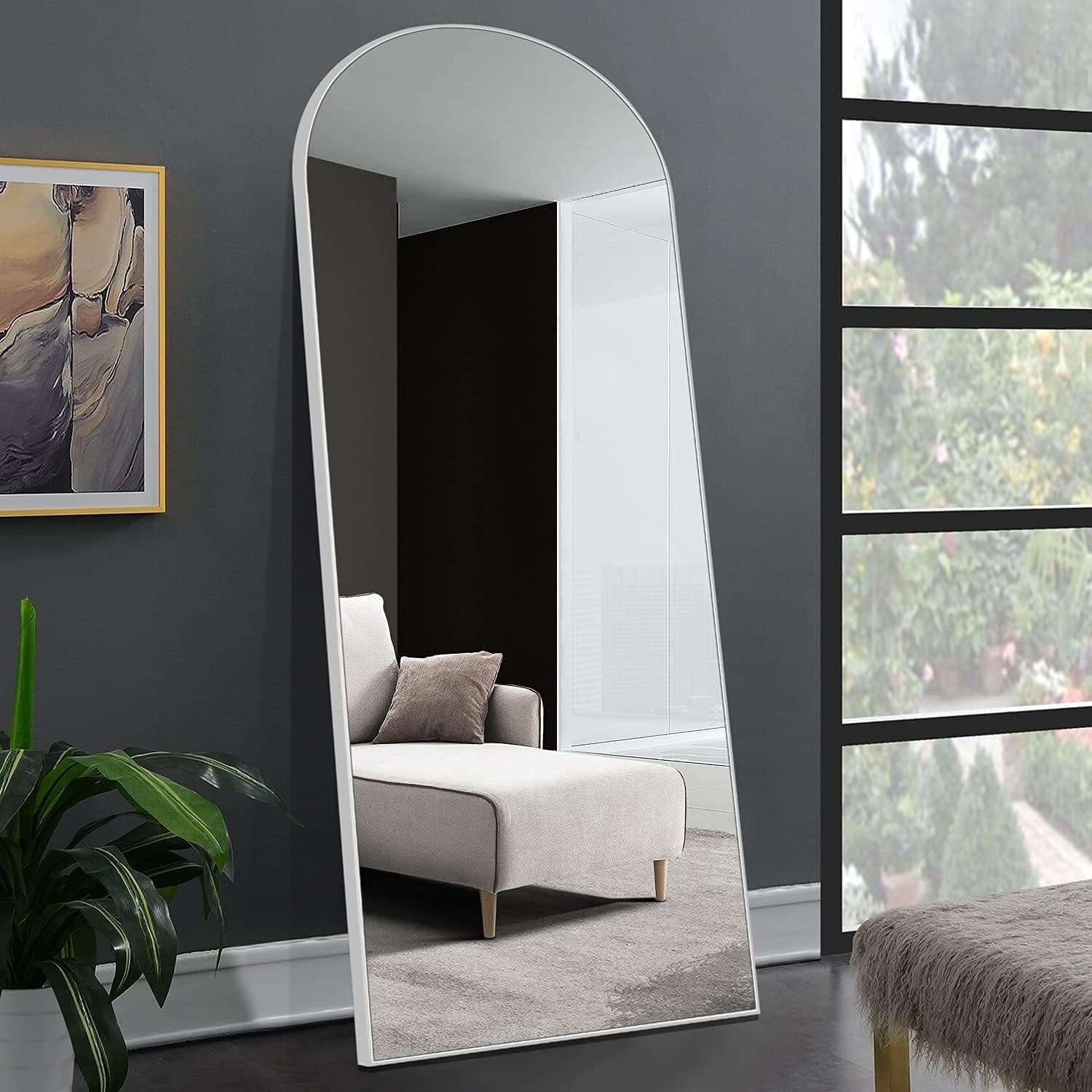 Poshions Full Length Floor Mirror 65”x22”Arch & Rectangle Shape Floor Mirror Standing Mirror Ultra Thin Frame Shatterproof Glass Hanging in Bedroom - White
