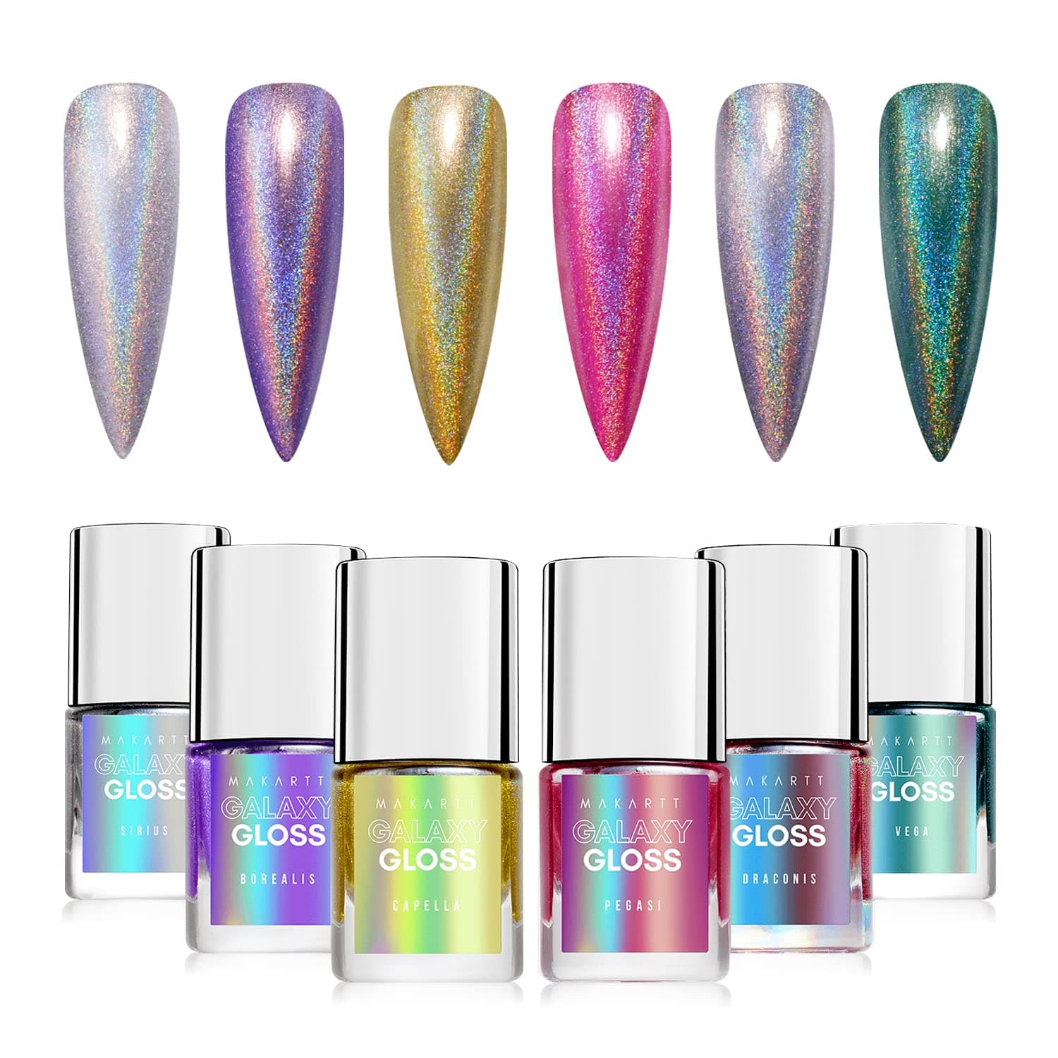 Makartt Holographic Fall Color Nail Polish Set Glitter Nail Polish Metallic Irridescent Nail Lacquer, 6 Packs Silver Pink Green Holographic Halo Galaxy Polish Varnish Shimmery Nail Polish Kit