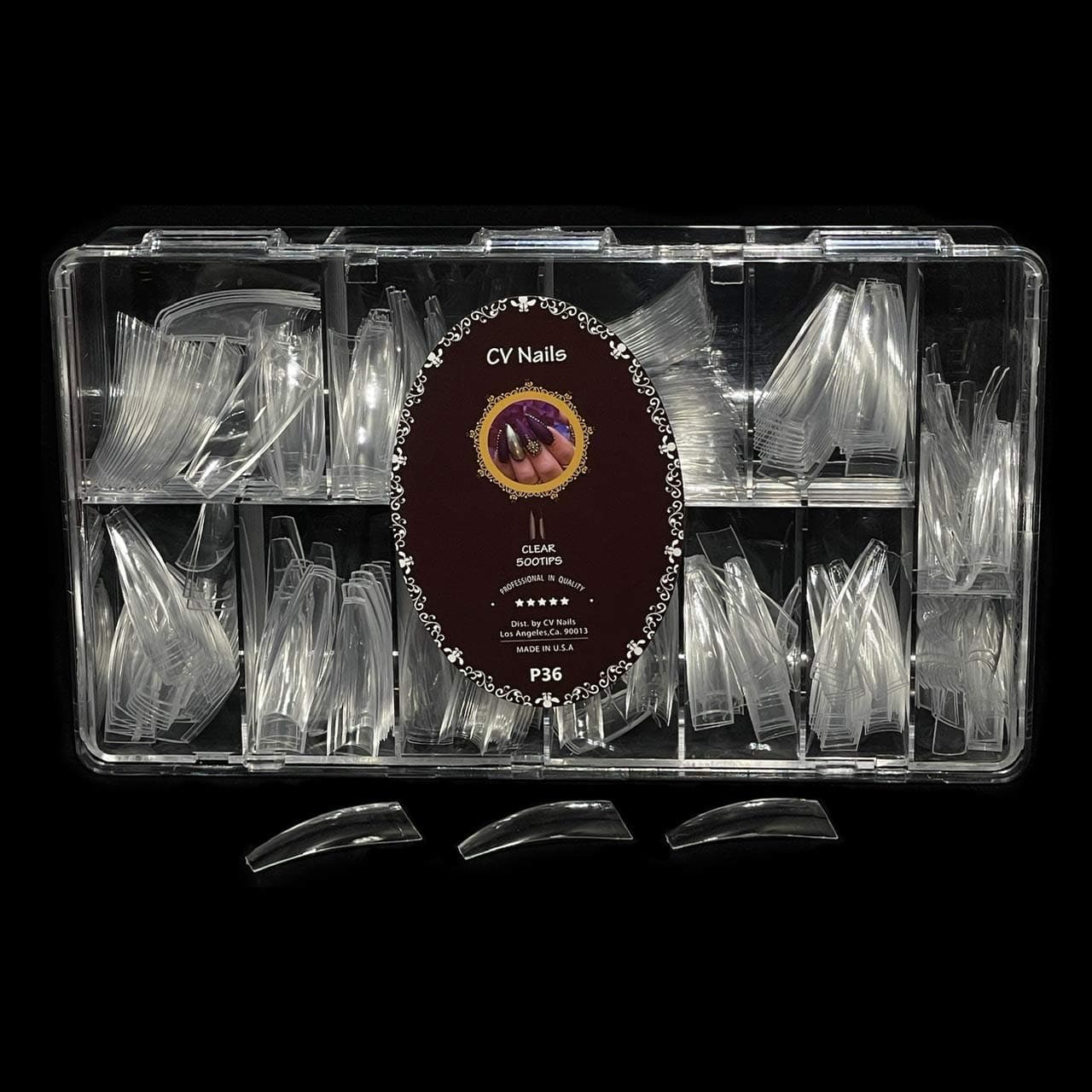 CV Nails - P36 Clear Long Coffin Fake False Nails Tips 500 Pieces 10 Sizes with Plastic Case for Nail Salon and DIY Nail Art