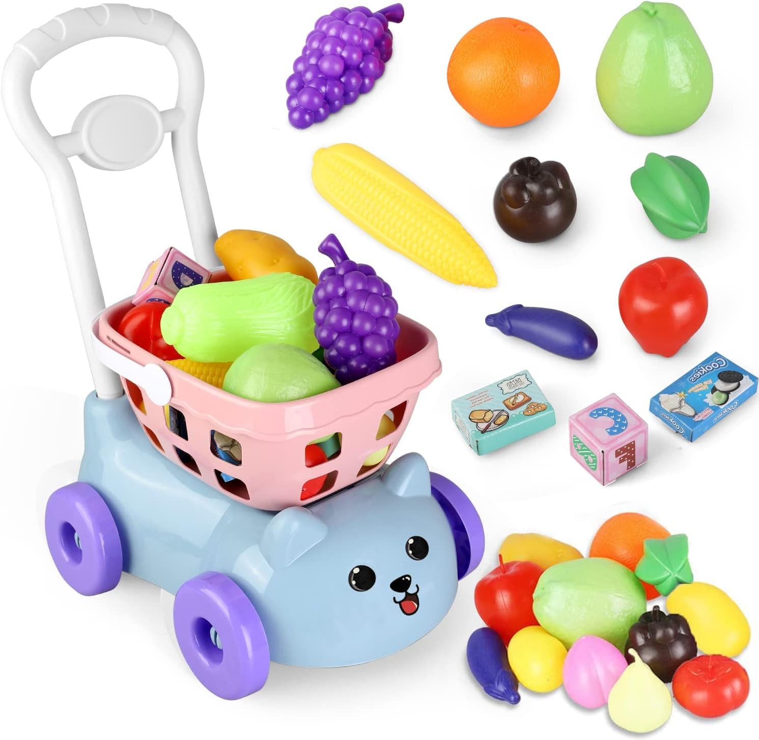 Toys Shopping Cart Kids, Pretend Play Shopping Cart,Vegetables Fruits Play Food Toy Playset for Kids