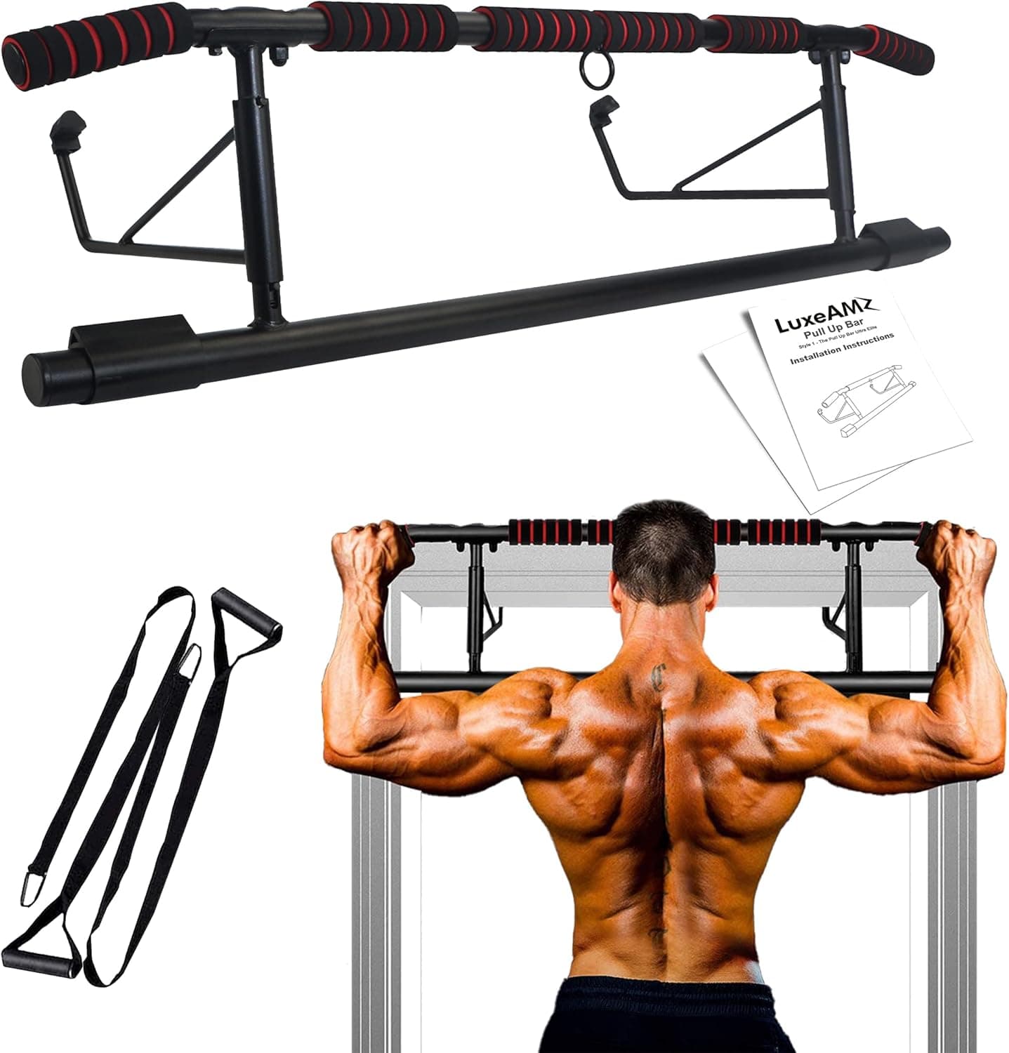 LUXEAMZ [2023 Upgrade] Multi-Grip Pull up Bar for Doorway, Portable Pullup Chin up Bar Home, No Screws, Multifunctional Dip bar Fitness, Door Exercise Equipment Body Gym System Trainer