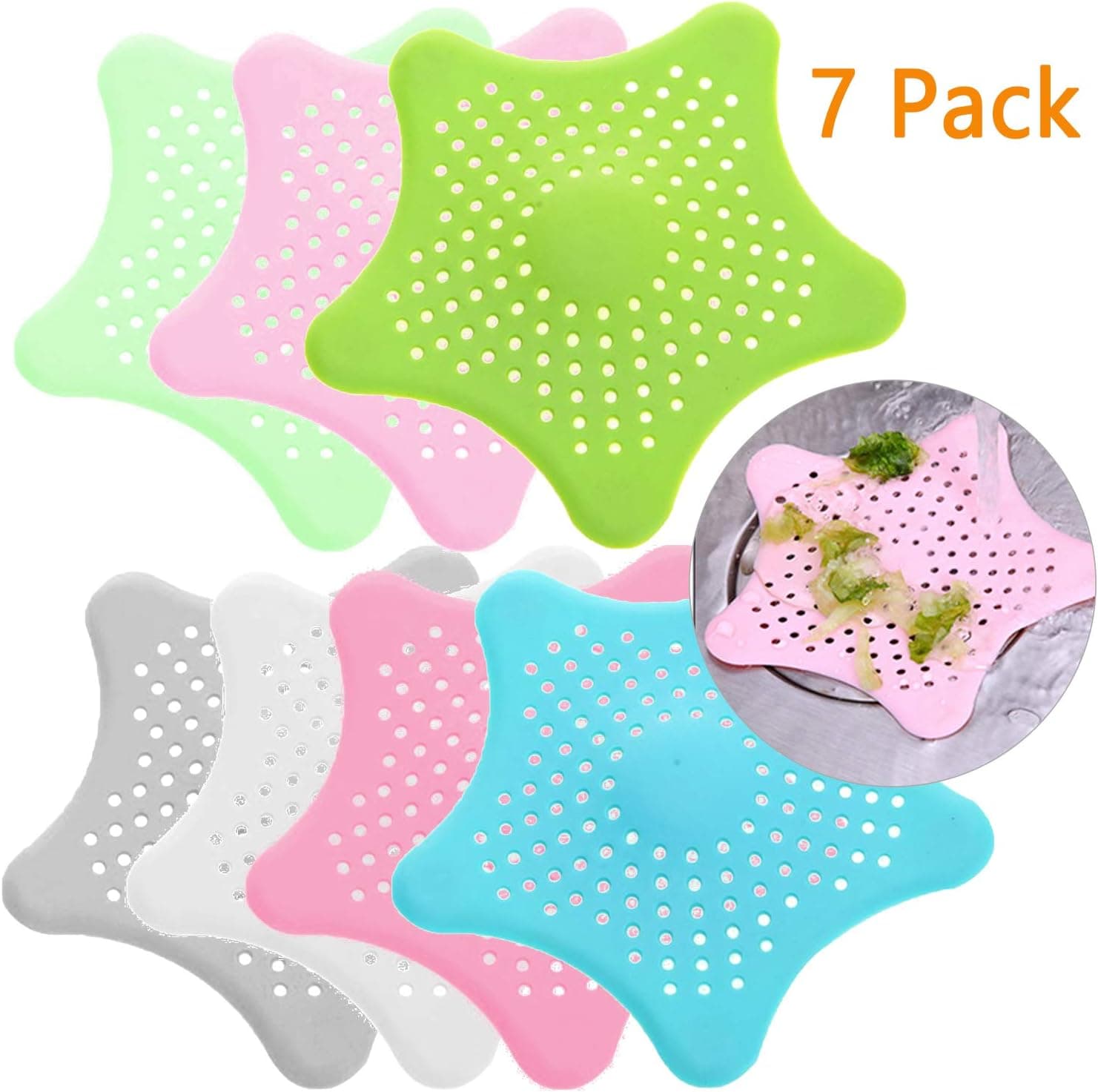 FasHuby 7 Pcs Silicone Shower Drain Hair Catcher, Kitchen Sink Strainer Bathroom Drain Cover Hair Trap Stopper Filter for Kitchen Bathroom Tub