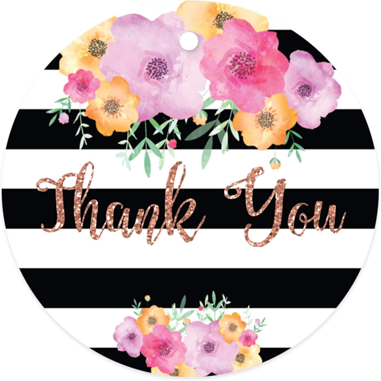 Andaz Press Bulk Stylish Faux Rose Gold Glitter Thank You Round Circle Gift Tags, 2-inch, Marley Black and White Stripes with Florals, 48-Pack