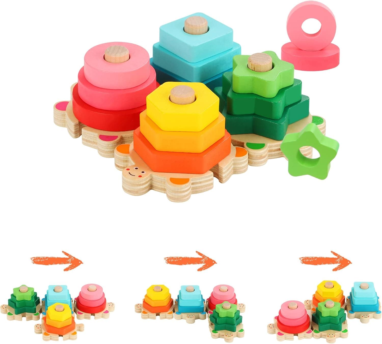 FLYINGSEEDS Wooden Stacking Toys for Toddler 2 3 4 Year Old, Shape Sorter Montessori Educational Puzzle Blocks Toys, Best Gifts for Girls Boys Preschool Early Learning Tool