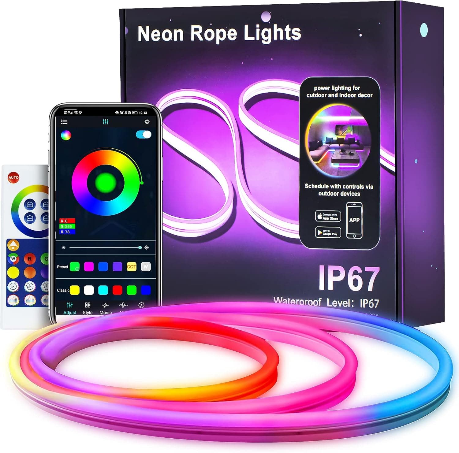 Neon Rope Light,9.8 ft RGBIC Neon LED Lights with Music Sync,IP67 Waterproof Flexible Neon Led Strip,DIY Ideas,Remote,Bluetooth APP Control,for Bedroom, Living Room, Gaming Room,Christmas Gift
