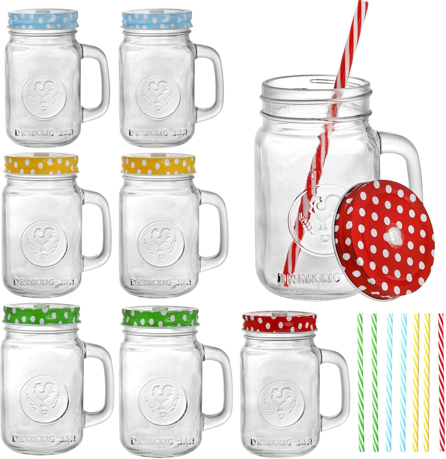 Dicunoy Set of 8 Mason Jar with Handle and Straw, 16OZ Mason Jar Cups with Lid, Old Fashioned Drinking Glasses for Iced Coffee, Smoothies, Ice Tea, Lemonade, Party Favors