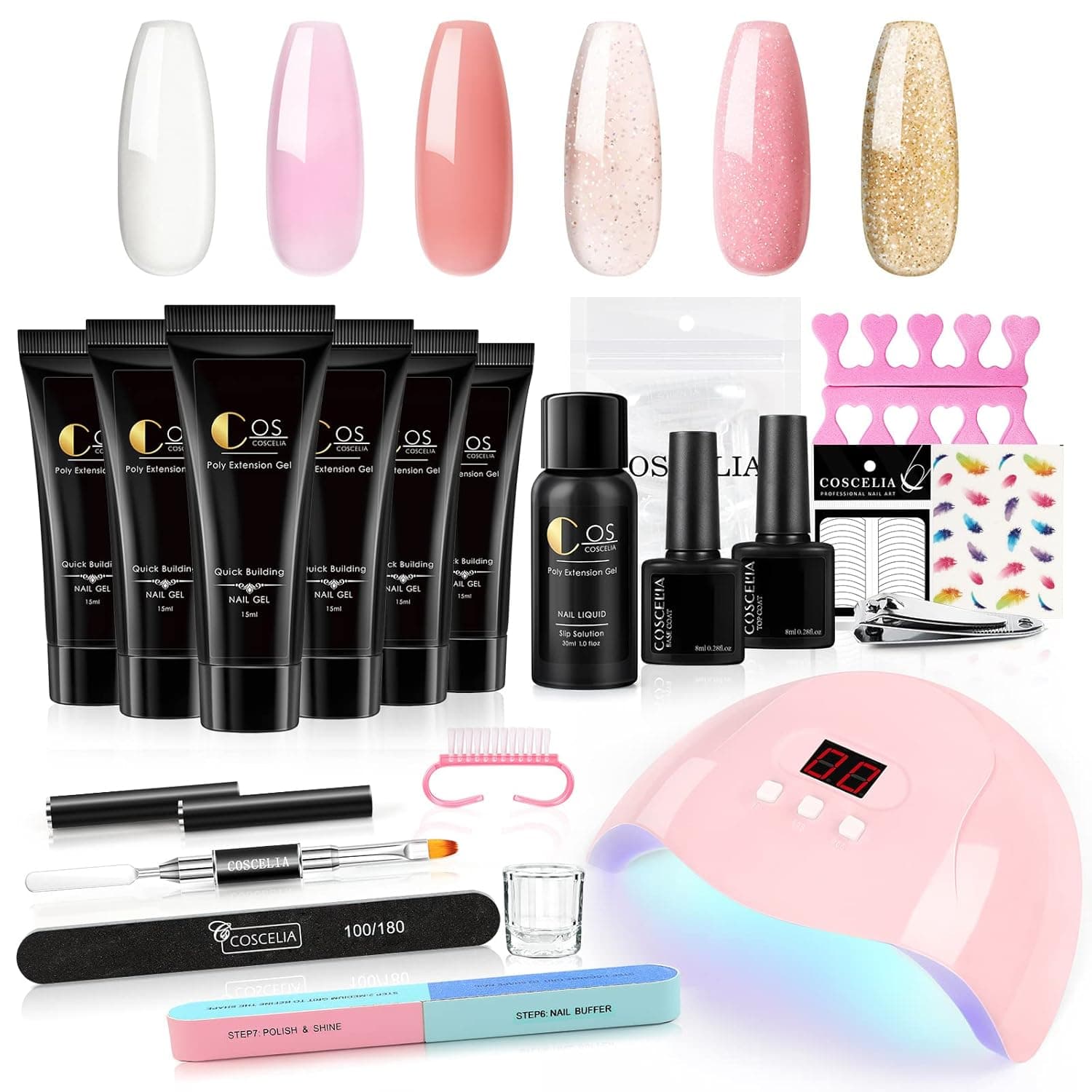Poly Nail Extension Gel Kit with U V Light- 6 Colors Poly Nail Gel Set with Slip Solution Poly Extension Gel Nail Art Tools Nail Art Design Beginner Kit