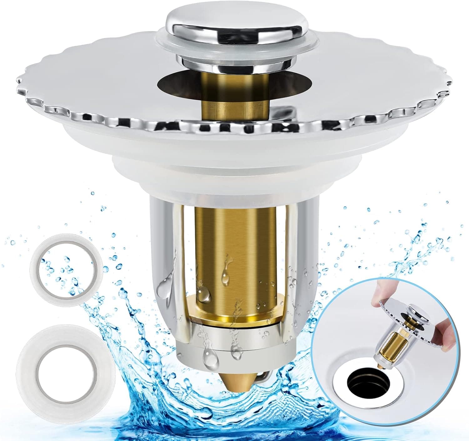 Universal Bathroom Sink Stopper, Petals Shape Bullet Core Push Type Drain, Complimentary 2 Spare Rubber Rings, U.S. Standard Pop Up Drain Stopper 1.02"-1.96"