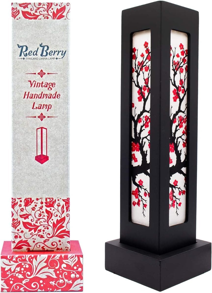 Thai Wood Lamp Handmade Oriental Japanese Red Sakura Cherry Blossom Tree Branch Bedside Table Lights or Floor Home Decor Bedroom Modern (Sakura Hight AB6)