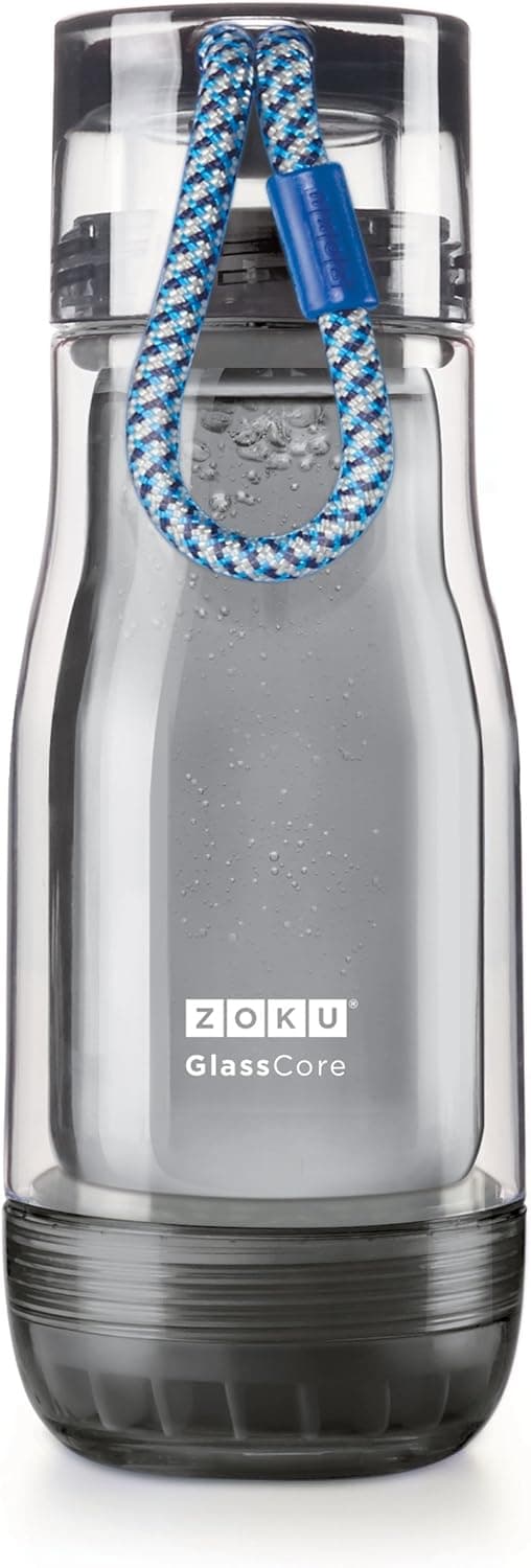Zoku Glass Core Bottle, Active Teal/Grey | 12oz, Double-Wall Suspended Durable Glass | Leakproof Hygienic Locking Cap with Paracord Lanyard | Large 1-1/2 Inch Diameter Mouth Opening