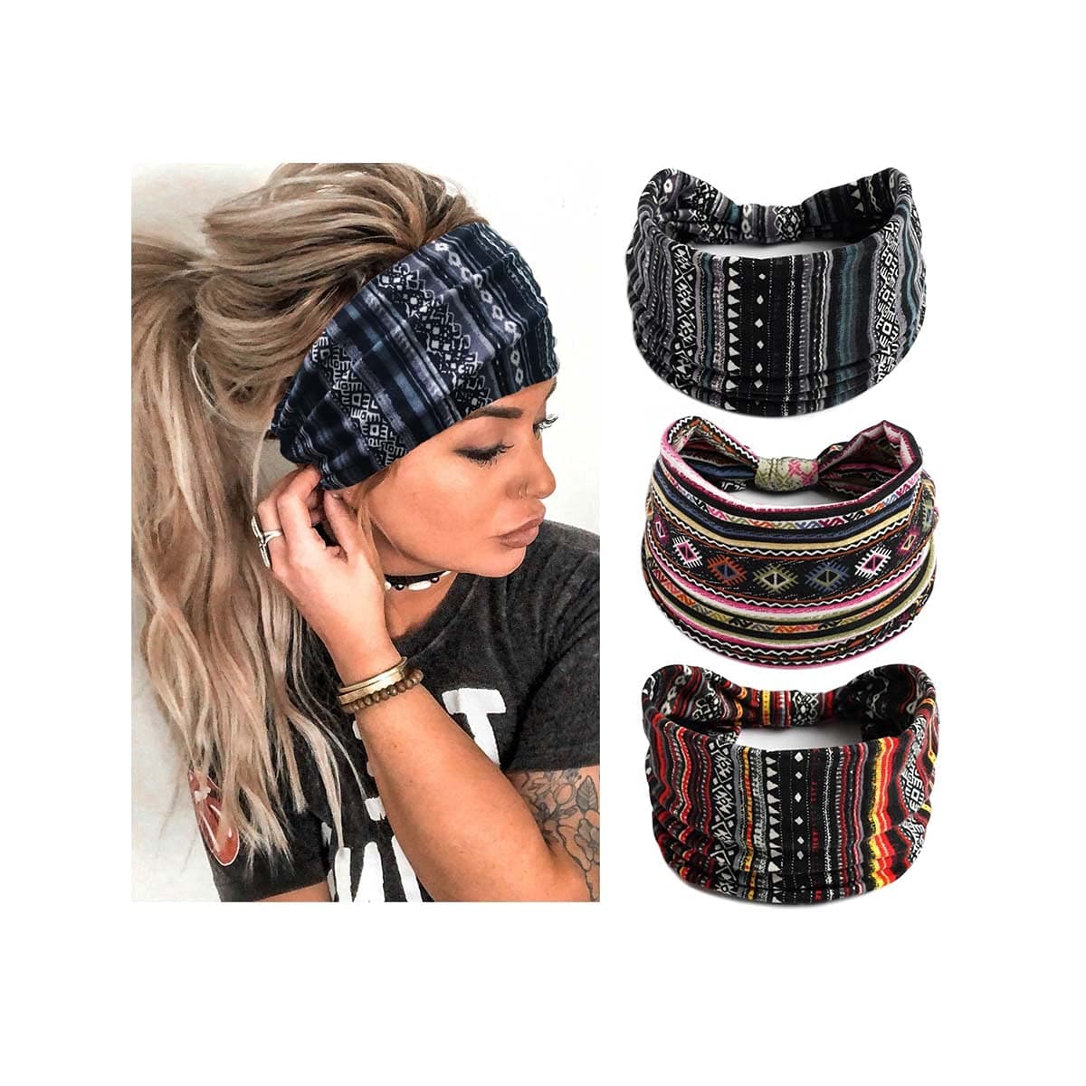 Sepniell Boho Headbands Leopard Turban Bandeau Headband Wide Knot Hair Scarf Stretch Stripe Fabric Head Wrap Floral Print Hair Bands Elastic Head Bands for Women and Girls Pack of 3 (B Retro)