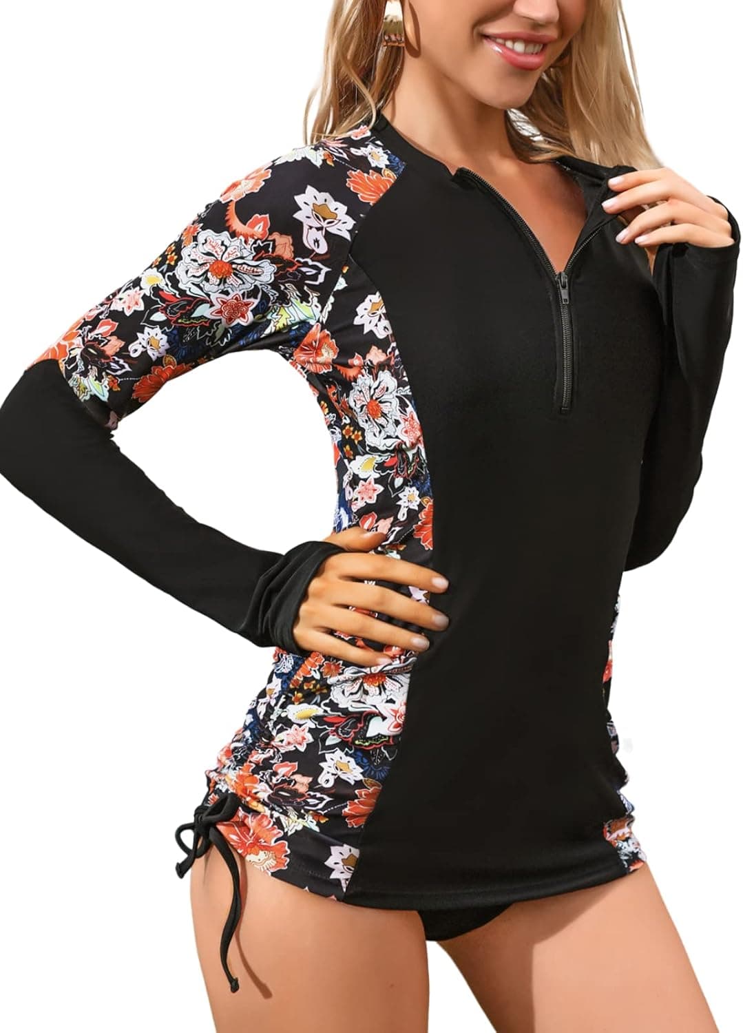 Kate Kasin Women 2 Piece Swimsuit Long Sleeve Rash Guard with Built in Bra Side Adjustable Rashguard with Bottom
