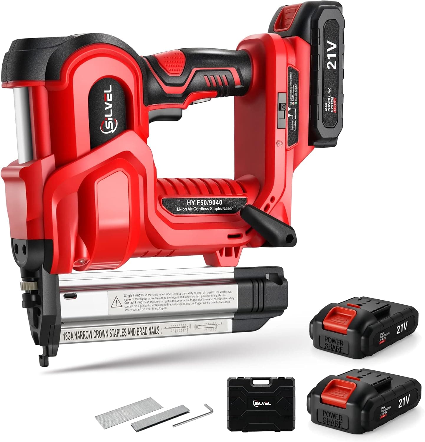 SILVELNail Gun Battery Powered, 20V 18GA Cordless Nail Gun, 2 in 1 Cordless Brad Nailer with 2.0A Lithium-Ion Battery, Single or Contact Firing for Woodworking,Home Improvement, Red
