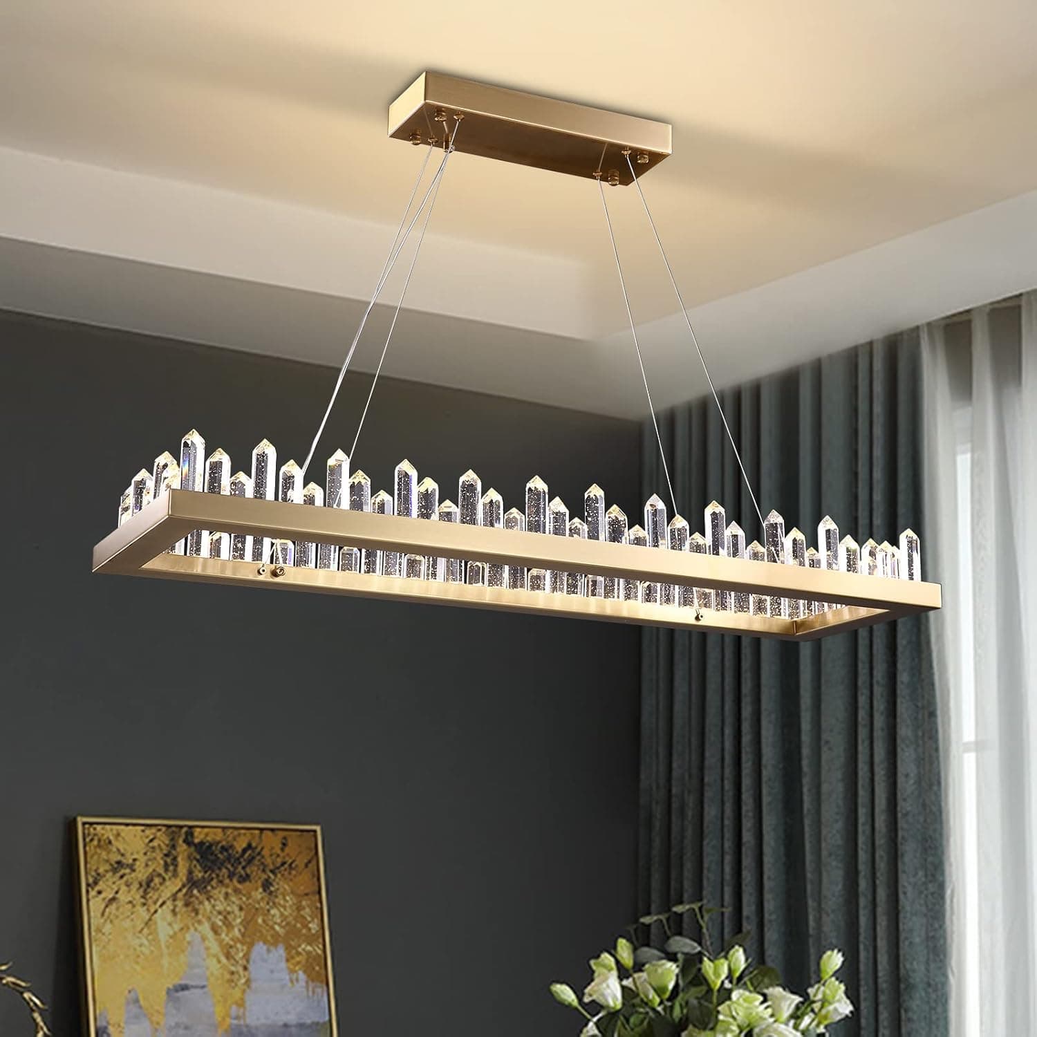CROSSIO Modern Rectangle Crystal Chandelier Lighting Rectangle Luxury Three Color Changing Led Pendant Light Fixture for Dining Room Kitchen Island Over Table L40 (Rectangle)