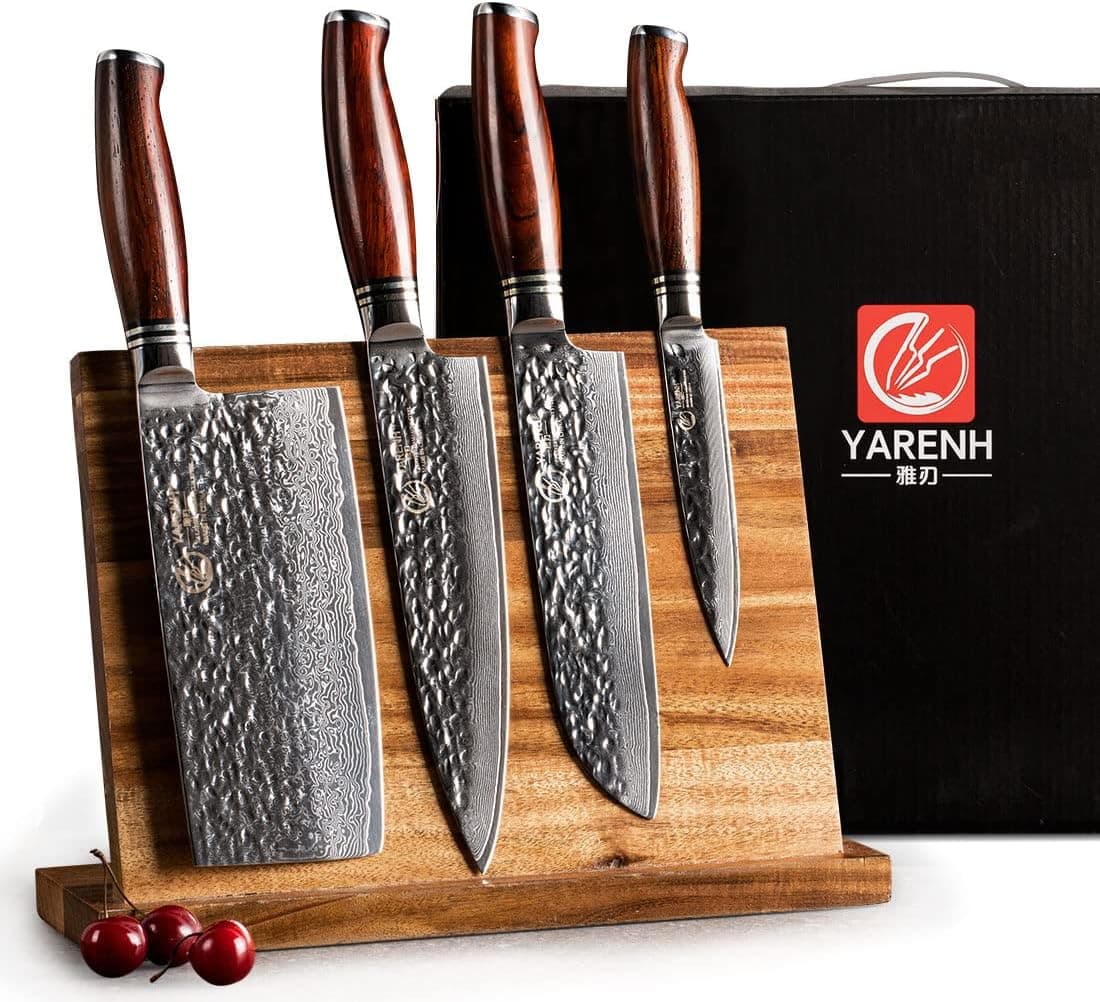YARENH Cleaver Knife Set with Magnetic Block, 5 Piece Professional Sharp Chef Knives for Kitchen, Damascus Stainless Steel, 73 Layers, Full Tang, Sandalwood Wood Handle