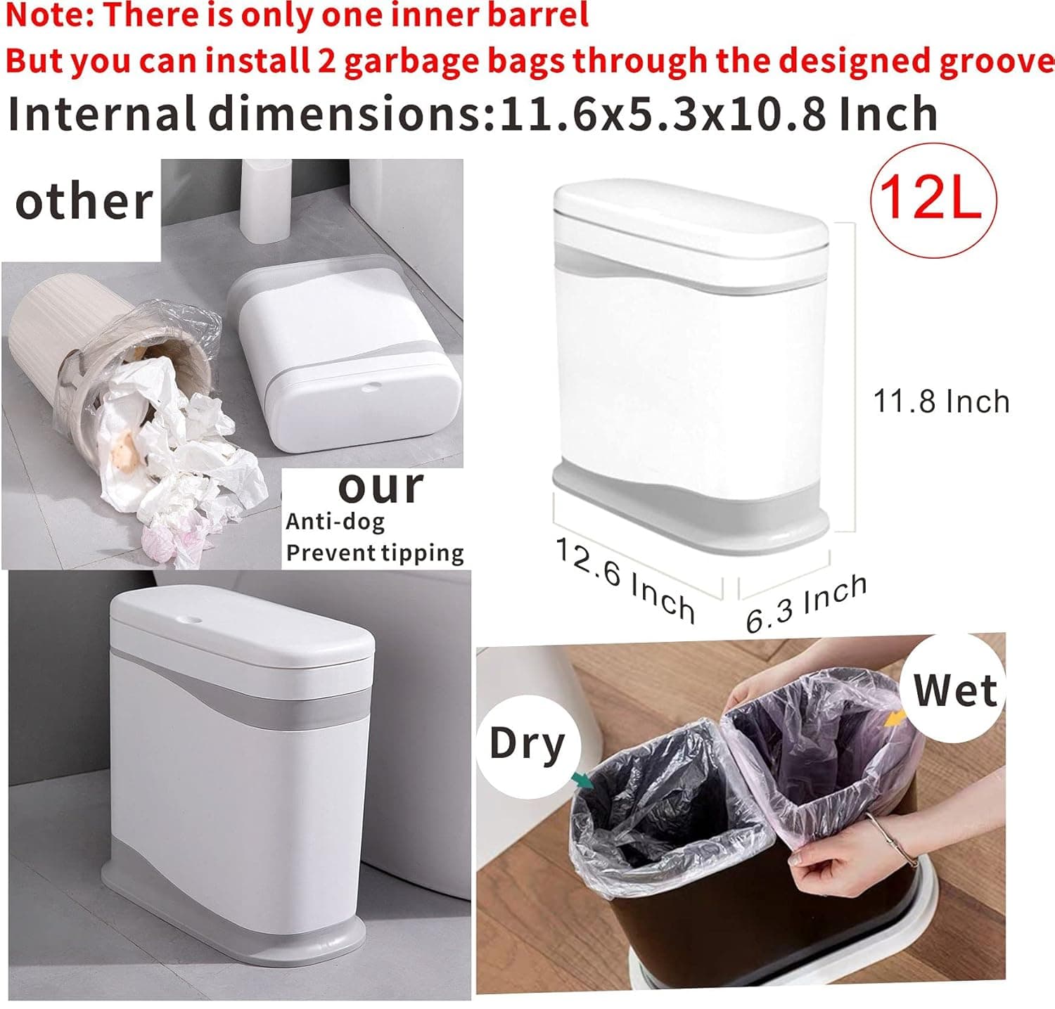 Cq acrylic Dual 12 Liter Bathroom Trash Can with Lid,Slim Bathroom Garbage Can,3.3 Gallon Garbage Container Bin for Home Kitchen and Office,White