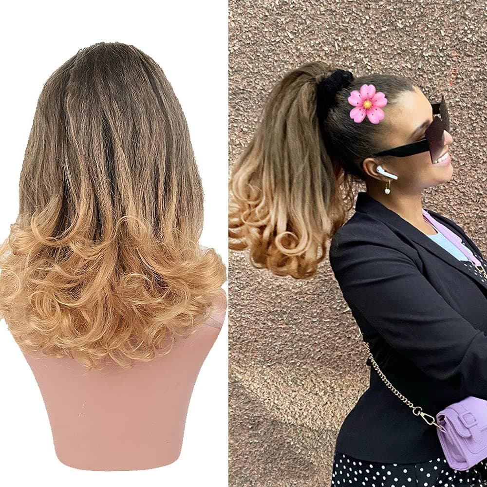 Tail Warping Brown Rachel style Bratz Type Ponytails Wigs for Black Women,KRSI Flip Up And Curl Jaded Ponytail 16" Kinky Straight Drawstring Ponytail for Women(27#)