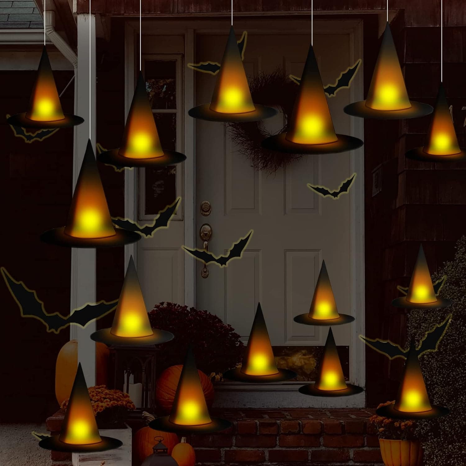 taupphoo 24 Pieces Halloween Black Witch Hats DIY Floating Light up Witch Hats with Tea Lights 3D Bats Wall Decorations Halloween Costume Witch Accessories Outdoor Porch Halloween Party Decoration