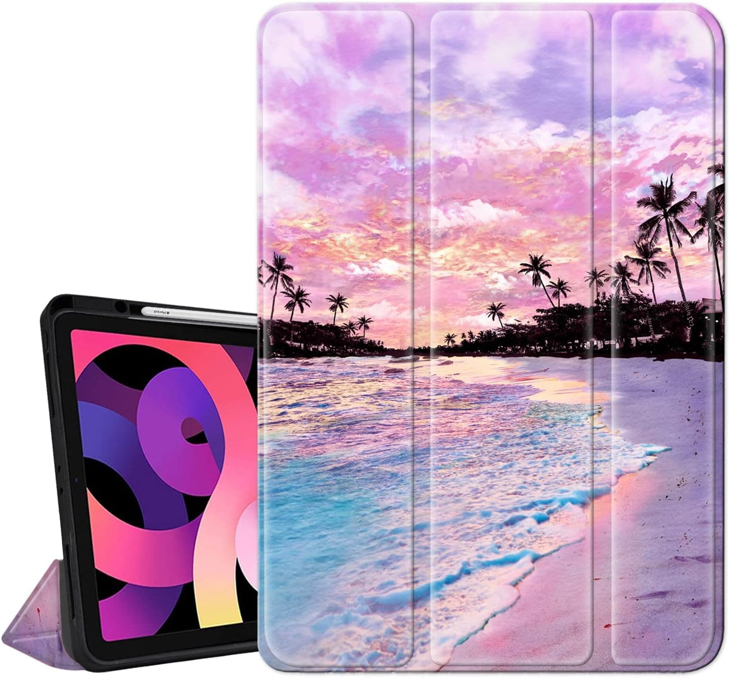 Hepix iPad Air 5th Generation Case iPad Air Case 4th Generation 2020, Purple Beach Trifold Stand iPad Air 10.9 Case with Pencil Holder, Seaside Landscape 10.9 inch iPad Air Case for iPad Air 5/4