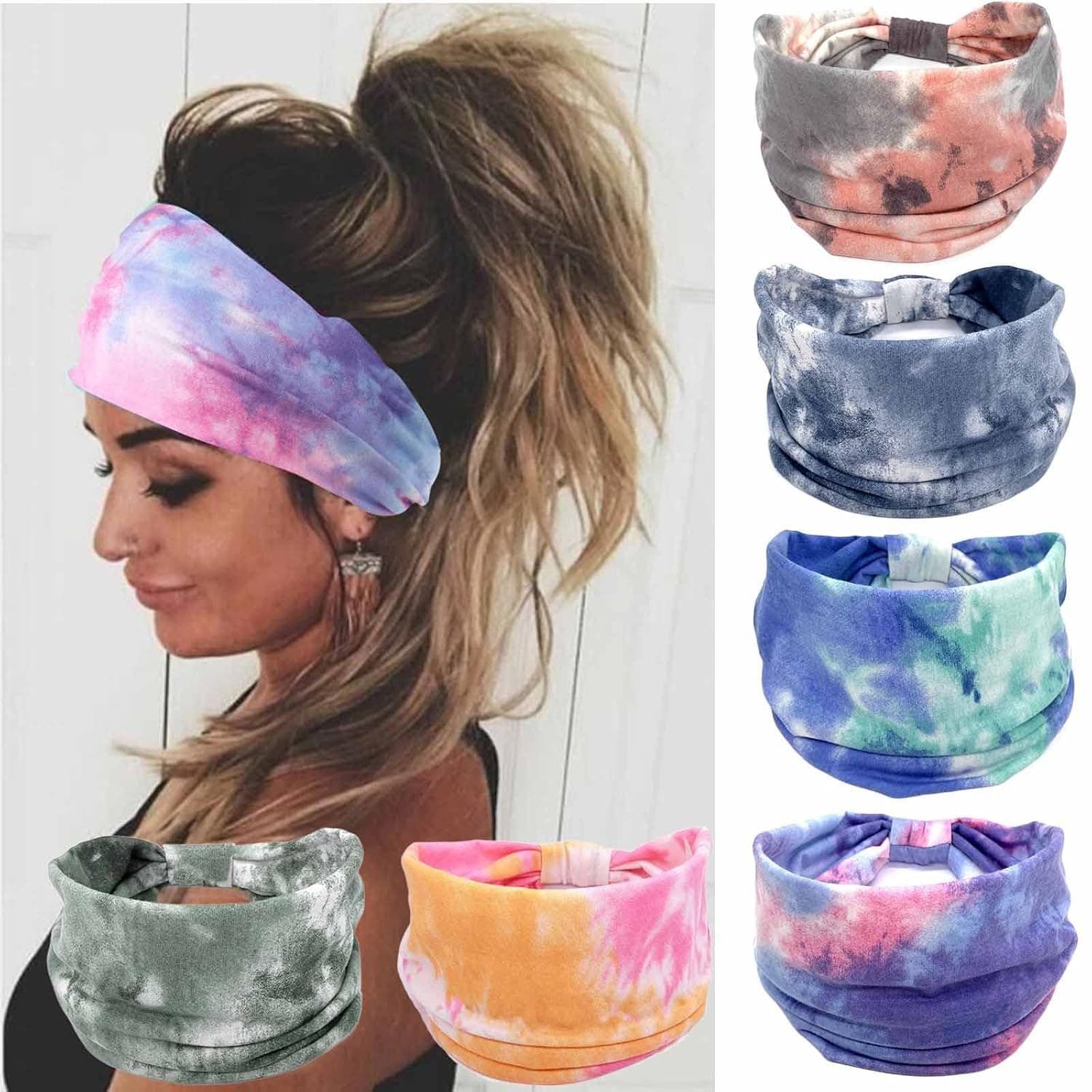 Olbye Wide Headbands Women Knotted Headband Non Slip Elastic Hair Bands Tie Dye Turban Head Wraps Workout Yoga Sports Sweatbands Boho Headbands for Women Fashion Hair Accessories Pack of 6 (Boho)