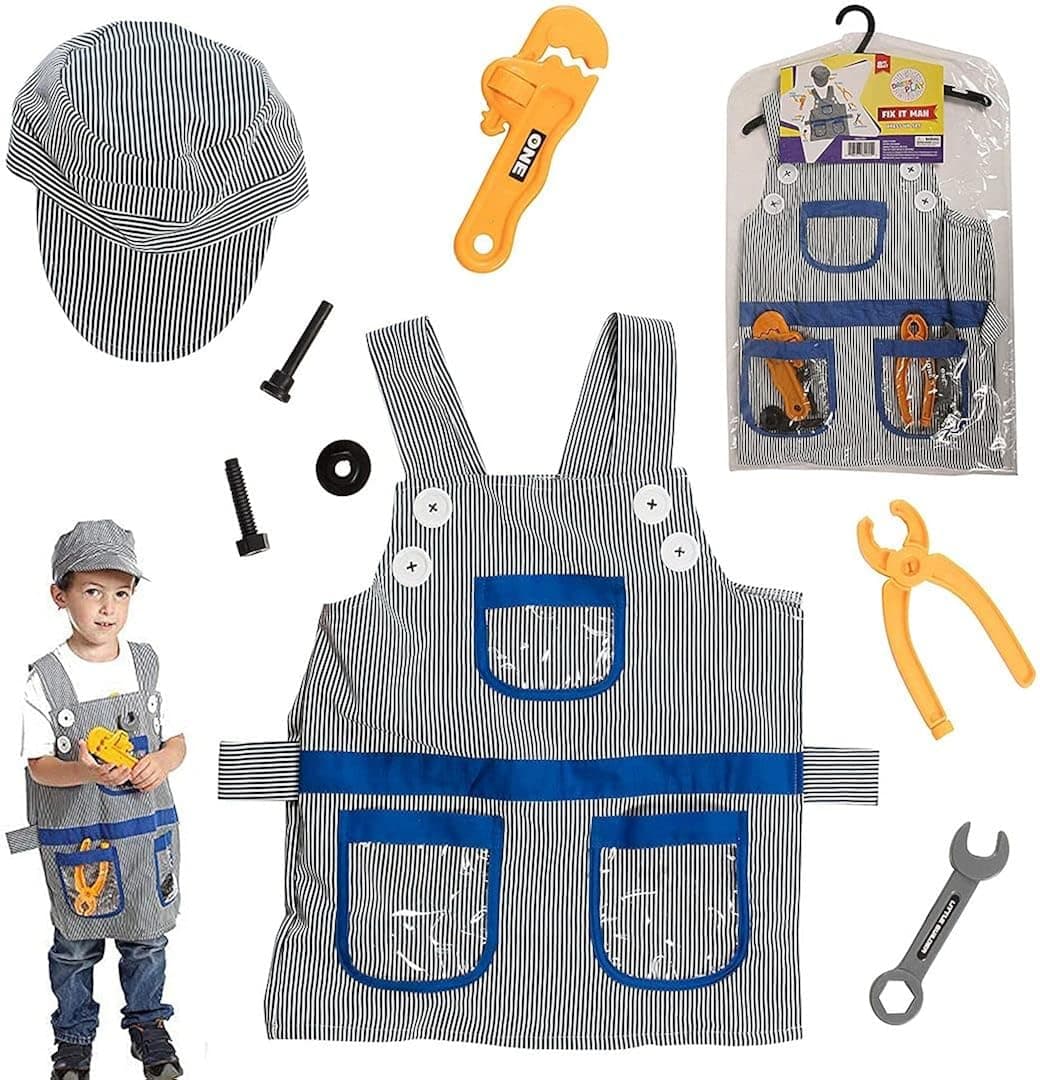 Handyman Costume for Kids and Toddlers, Pretend Play Dress Up Set with Children's Construction Tools Set, Role Play Repairman Outfit for Boys for Halloween, Birthday
