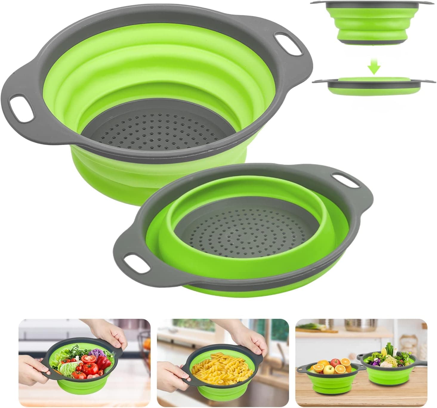 Collapsible Colander Set, BPA Free Silicone Collapsible Strainer with Plastic Handles, Folding Food Strainer for Pasta, Vegetable, Fruit, 2 Set/Green