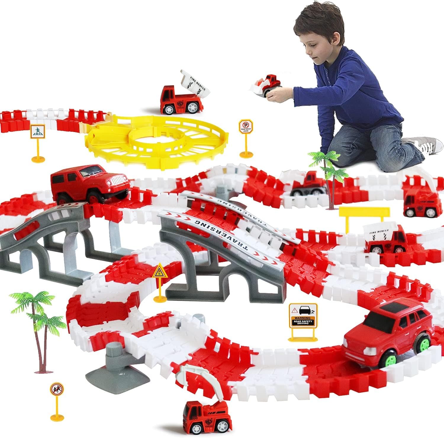 Fire Car Race Tracks Set Toy,235 Pcs Flexible Track Playset World Road Race- with Bridge and 4 fire Cars 2 Racing Cars for Toddler Boy Girl Gift