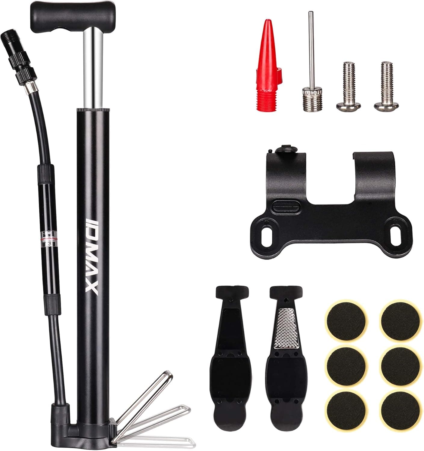 IDMAX Mini Bike Pump, Bicycle Floor Pump with Gauge Portable Hand Air Pump with Glueless Puncture Repair Kit Aluminum Road Bike Tire Inflator with Needle Fit with Presta & Schrader Valve, Max 120 PSI