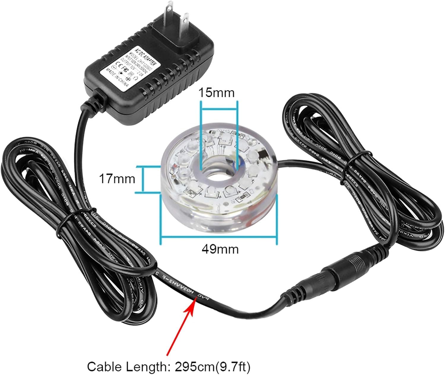 12 LEDs Fountain Ring Lights Auto Colored Changing Submersible Water Pump Lighting, 15 mm Inside Diameter for Garden Fish Aquarium with 9.7 ft Overlength Cable (Clear)