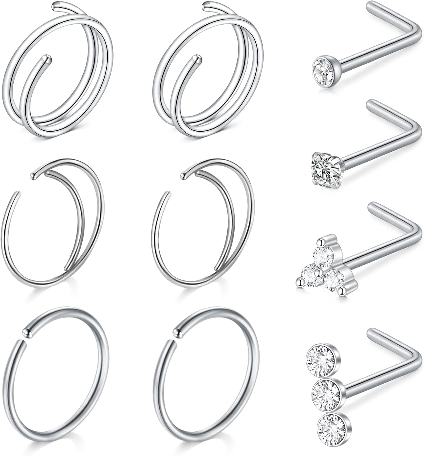 QWALIT 18g 20g Nose Rings Studs L Shape Surgical Stainless Steel Nose Ring Hoop Nose Screw Nostril Nose Piercing Jewelry CZ C Shape Nose Hoops Silver Rose Gold Black for Women Men