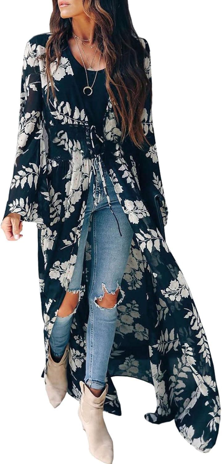Women's Sheer Chiffon Floral Kimono Cardigan Long Blouse Loose Tops Outwear S