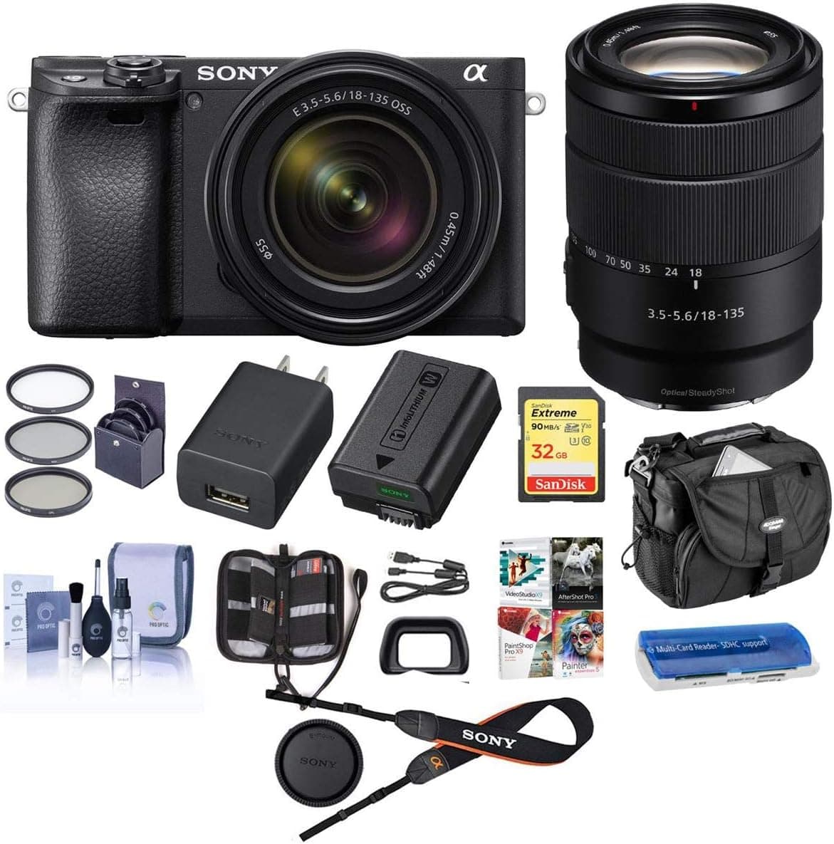 Sony Alpha a6400 Mirrorless Digital Camera with 18-135mm f/3.5-5.6 OSS Lens, Bundle with Camera Bag + Filter Kit + 32GB SD Card + SD Card Case + Corel PC Software Kit + Cleaning Kit + Card Reader