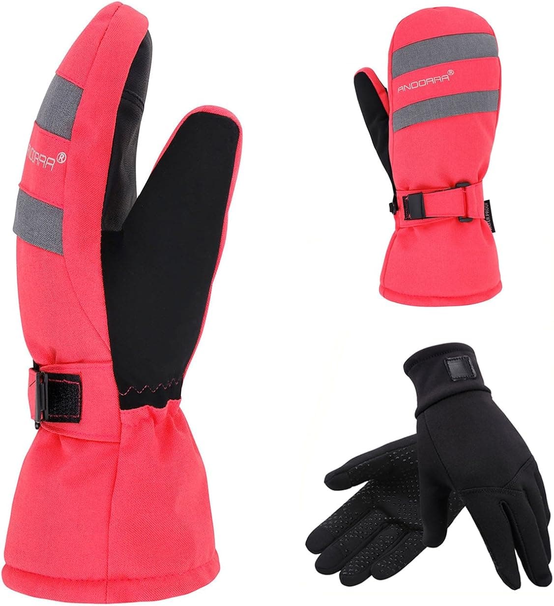 FURST 2-in-1 Touch Screen Winter Ski Mitts + Liner Gloves, Hidden Pocket, Pink, M