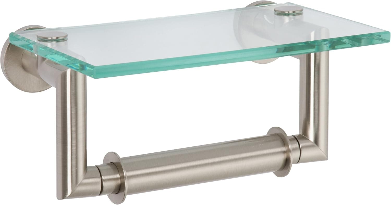 Ginger 4627/SN Kubic Double Post Toilet Tissue Holder with Glass Shelf, Satin Nickel