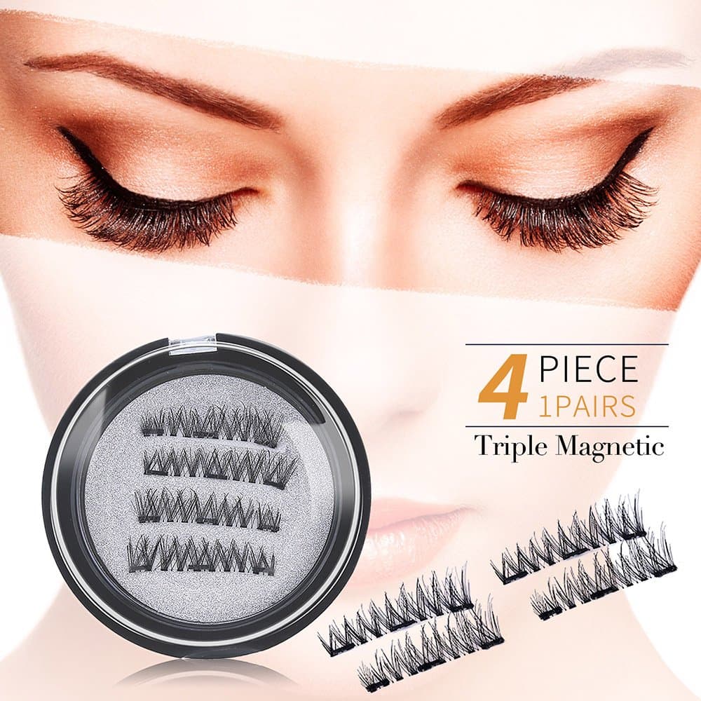 AD Corp - NEW Triple Magnetic Ultra lightweight Full Size Reusable False Eyelashes Set (4 pieces), 3D multi layer Fake lashes for natural look, No glue required and Easy to apply