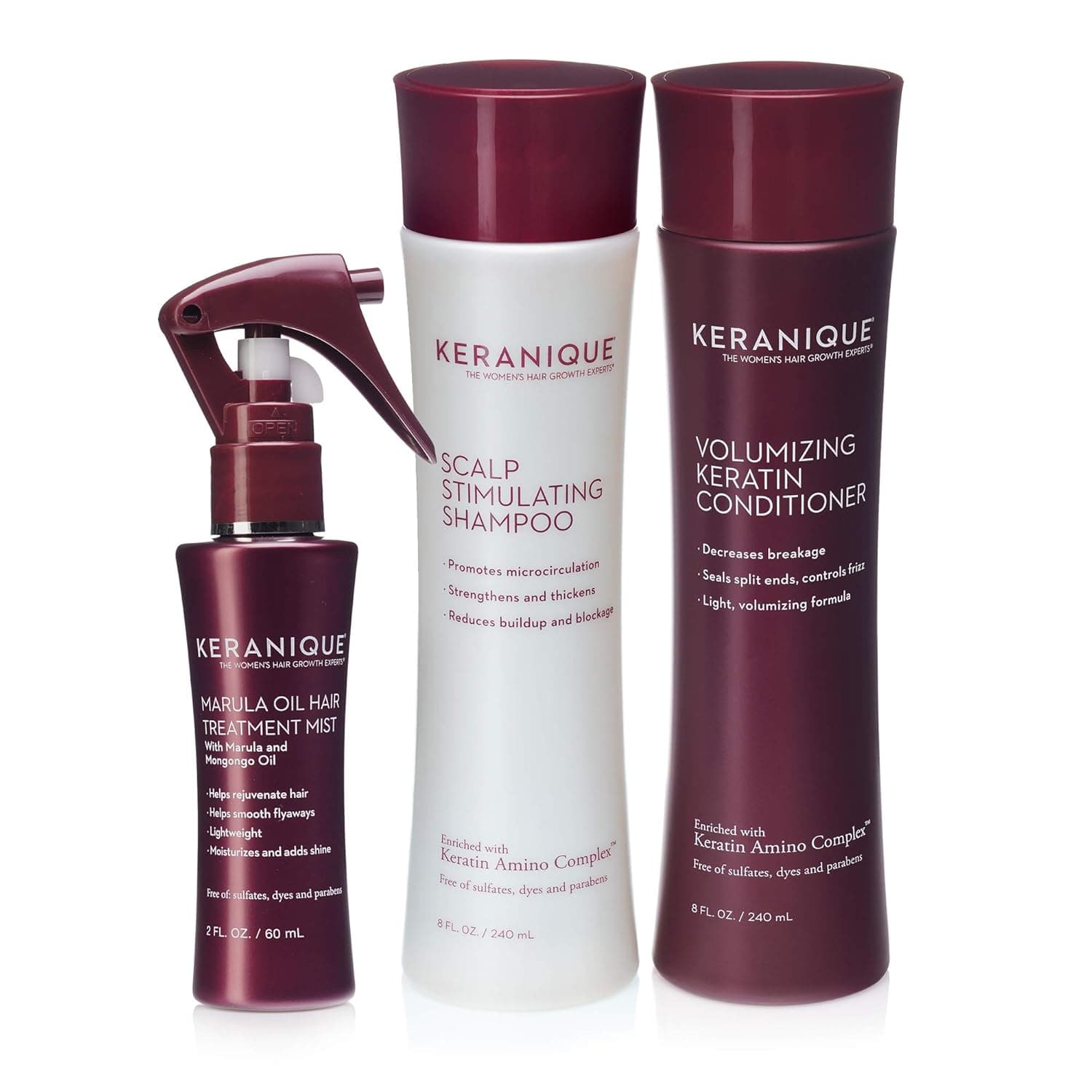 Keranique 60 Day Marula Hair Kit | Shampoo, Conditioner, and Marula Oil Hair Mist | Moisturizes and Adds Shine | Free of Sulfates, Dyes and Parabens