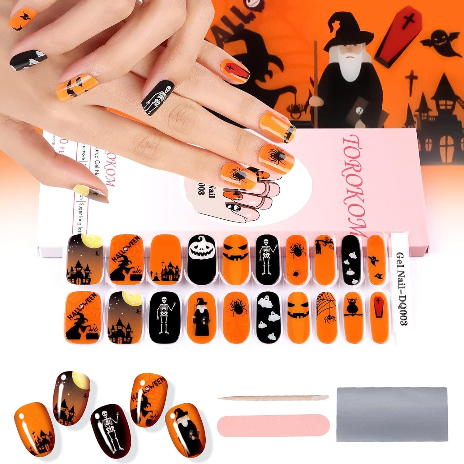 TOROKOM Halloween Semi Cured Gel Nail Strips, 20 Pcs Adhesive Gel Nail Polish Stickers/Wrap Pumpkins Ghosts Spiders Witch Nail Gel Polish Strips Full Wrap with Nail File and Stick for Girls