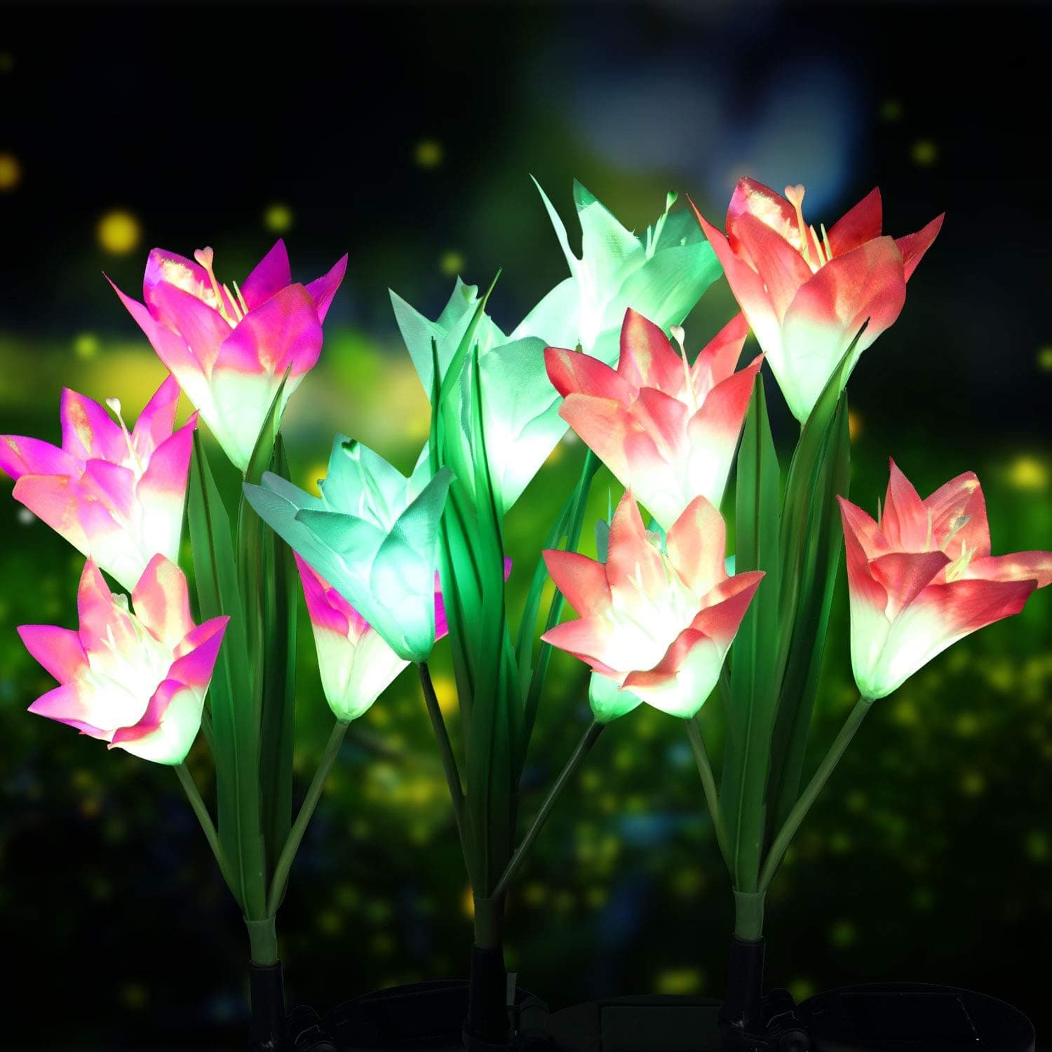 Nuanchu 3 Sets Outdoor Solar Powered Garden Stake Lights Landscape Decorative Lily Lamp Multi-Color Changing LED Lights with 12 Lily Flowers for Garden Patio Backyard (Pink, Purple, White)