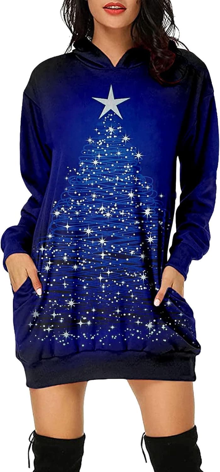 Christmas Dresses for Women 2022 Casual Plus Size Novelty Xmas Print Long Sleeve Hooded Mini Sweatshirt Dress with Pockets