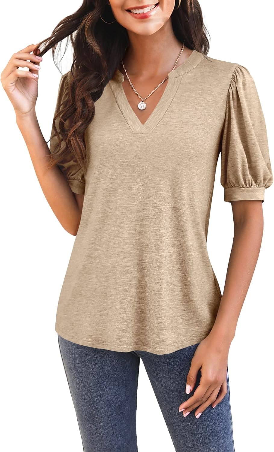Imily Bela Womens V Neck T Shirts Casual Puff Sleeve Loose Dressy Blouses Summer Tops