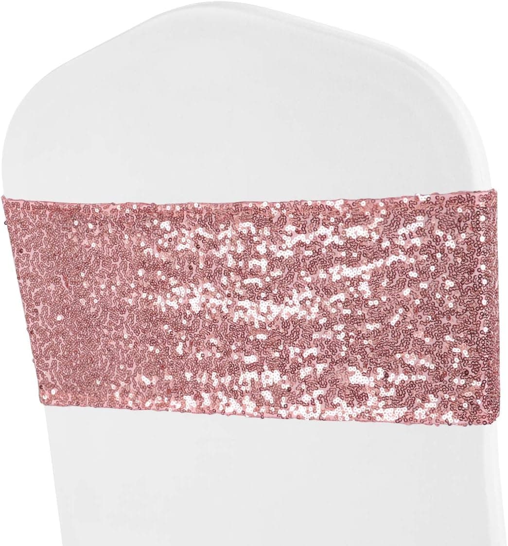 ANMINY Pack of 50 Sequin Chair Sashes Decorative All Around Sequins Stretch Sash Band For Chair Cover Romantic Wedding Party Festival Home Decorations Ceremony Banquet Hotel Event Reception, Rose Gold
